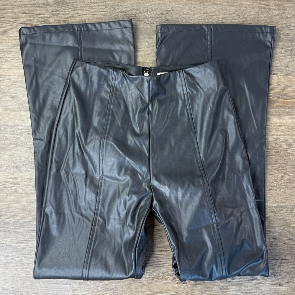 Et Clet Women’s Black Faux Leather High Rise Flare Pants with front slit, sz Med